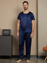 [Dunkelblau] SilkSilky-DE Reine Seide Kurzärmelig Rundkragen Herren Pyjamas 003