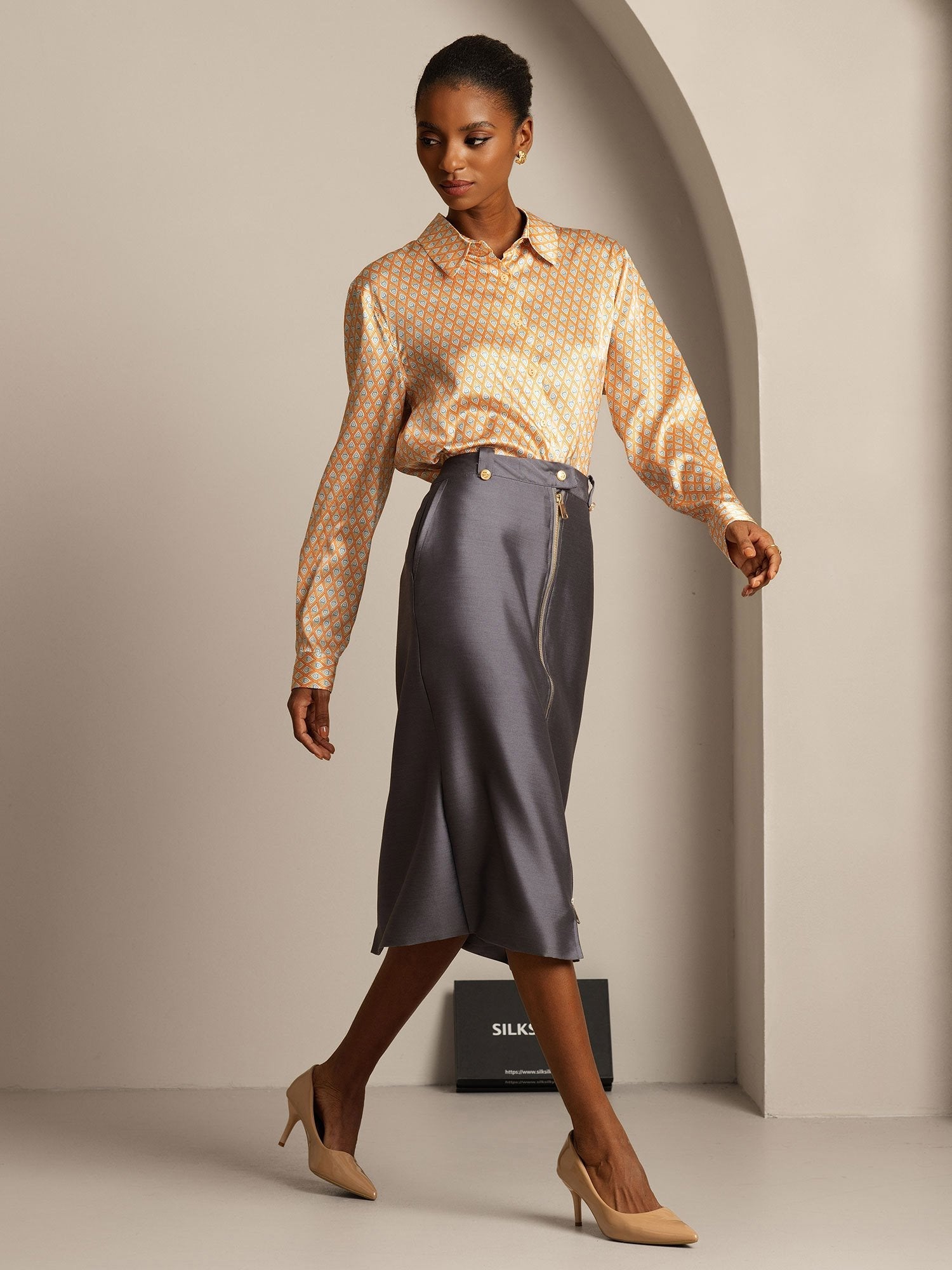 [Grau] SilkSilky-DE 32Momme Silk-Wool Blend Skirt 006,