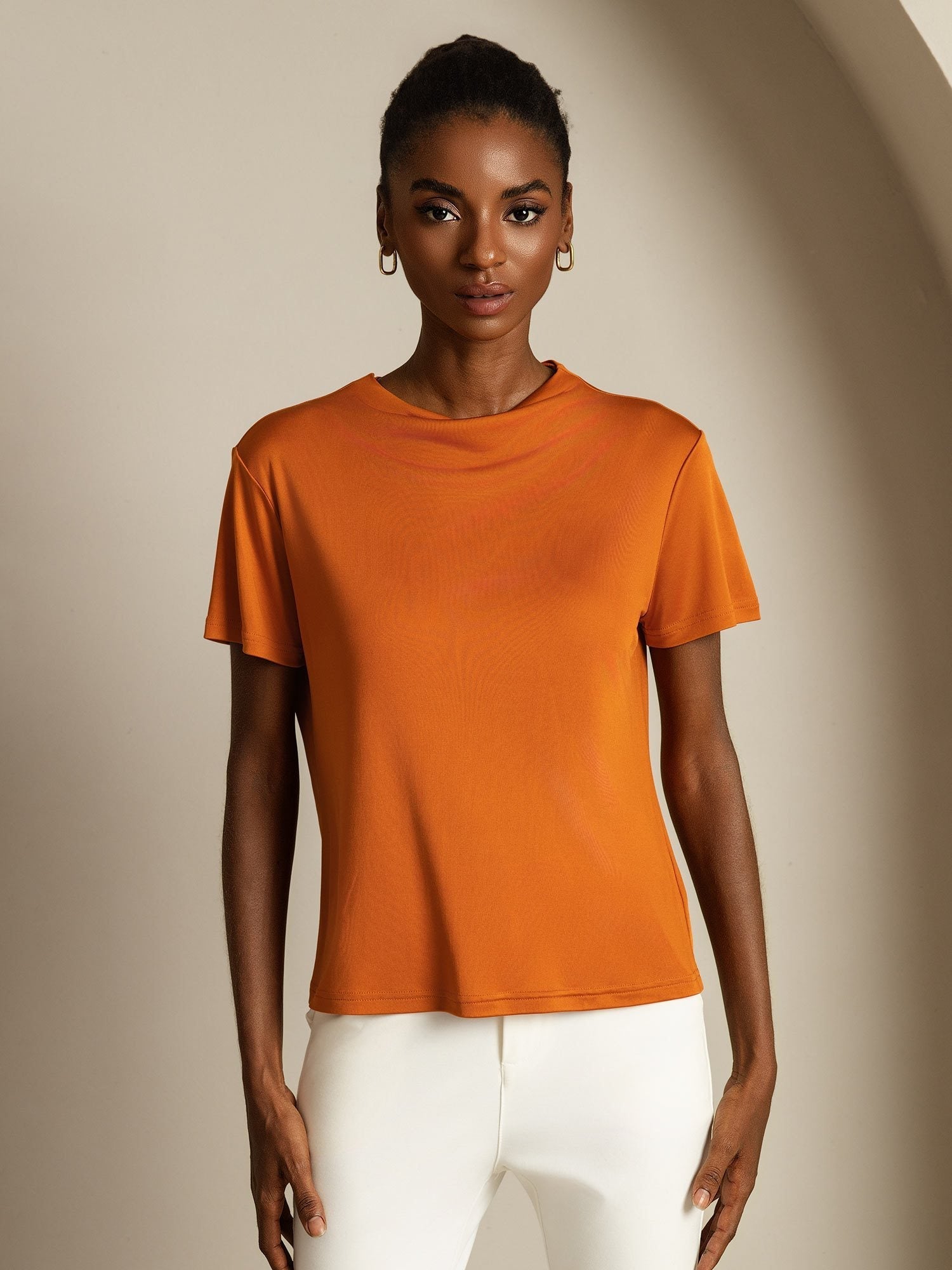 [Orange] SilkSilky-DE Reine Seide Umlegekragen T-Shirt 003