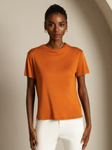 [Orange] SilkSilky-DE 100% Silk Jersey Short Sleeve Mock Neck T-Shirt 003