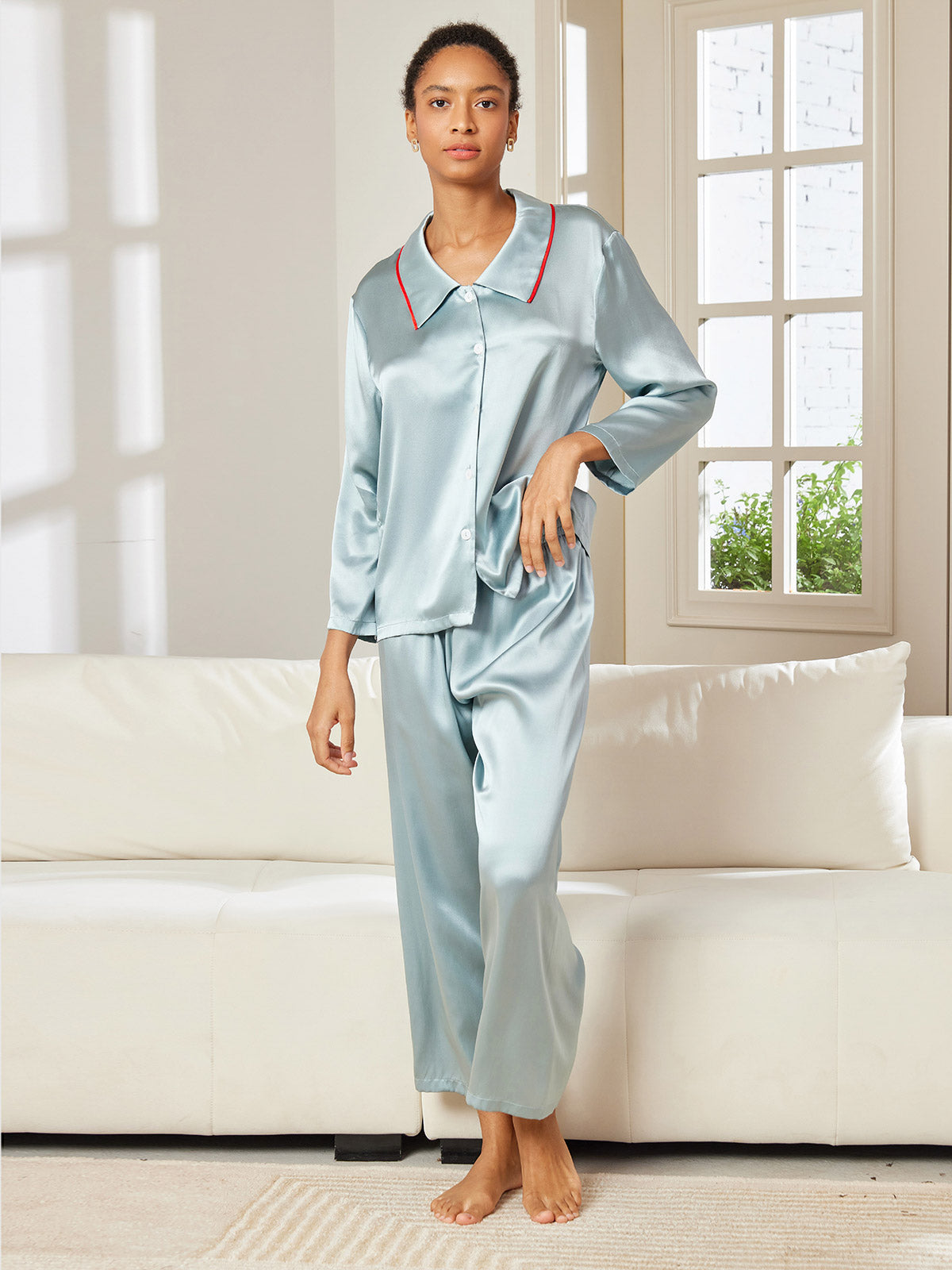 [Hellblau] SilkSilky-DE Reine Seide Langärmelig Umlegekragen Damen Pyjamas 003