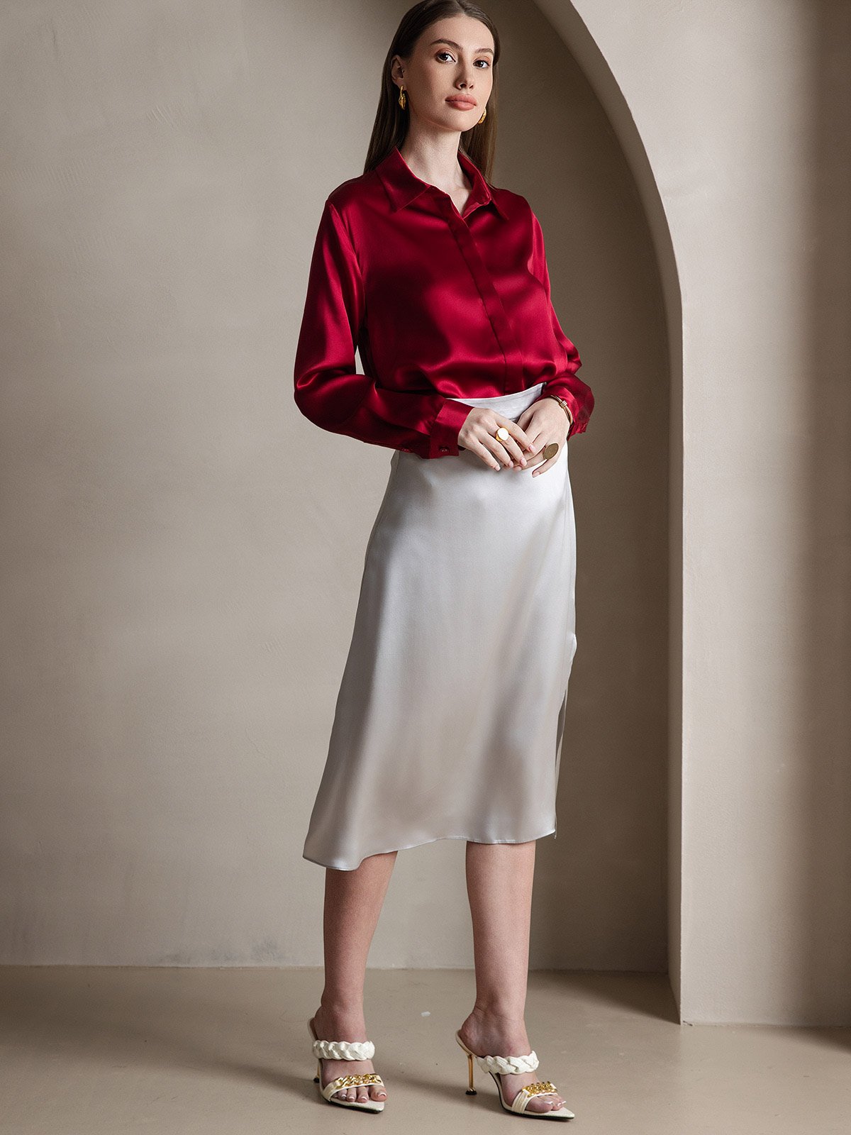 [Rotwein] SilkSilky-DE 19Momme Seide Langärmelig Umlegekragen Damenhemd 006