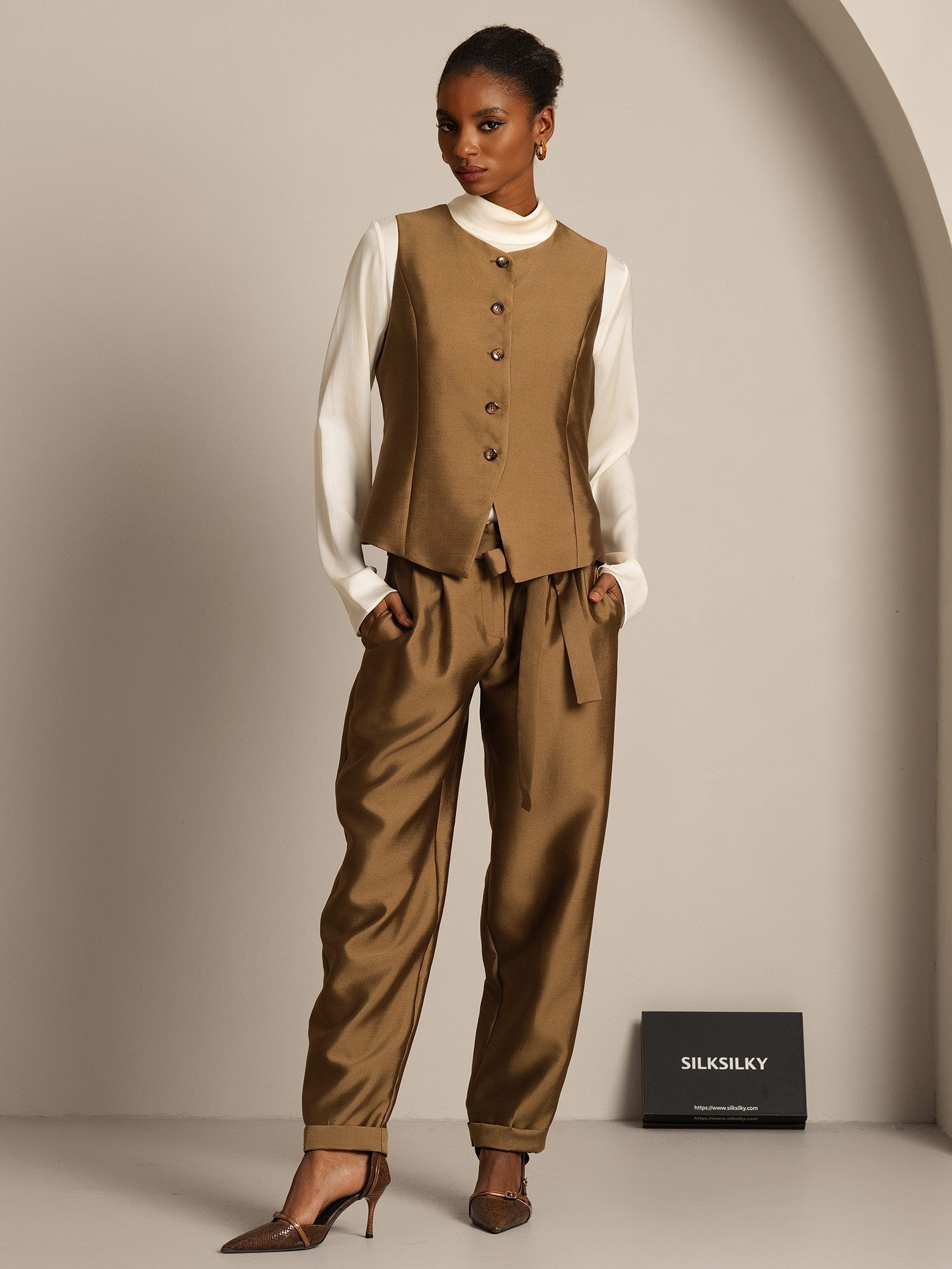 [Bronze] SilkSilky-DE 32Momme Silk-Wool Blend Womens Vest 006,