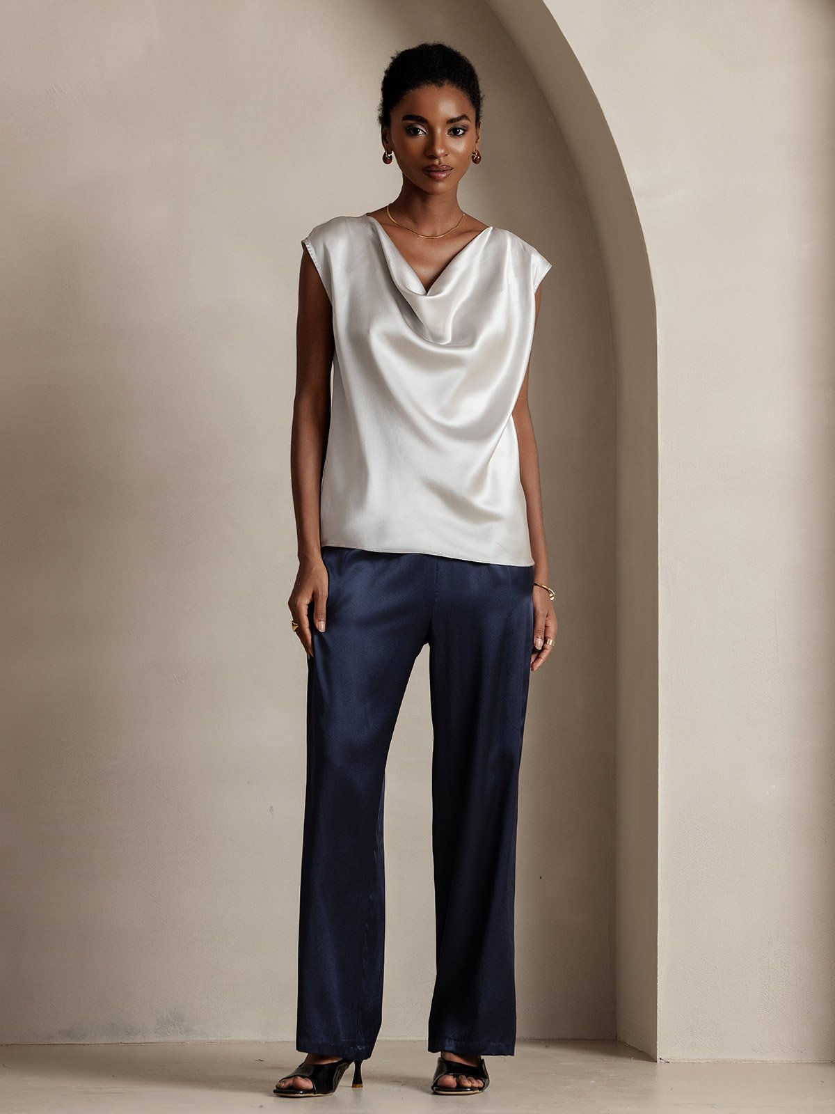 [Hellgrau] SilkSilky-DE 19Momme Seide Ärmellos Wasserfallausschnitt T-Shirt 005