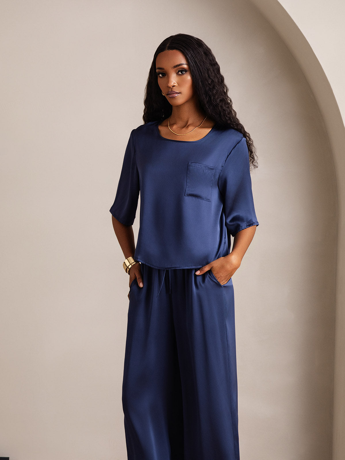 [Dunkelblau] SilkSilky-DE Reine Seide Womens Pajamas 003