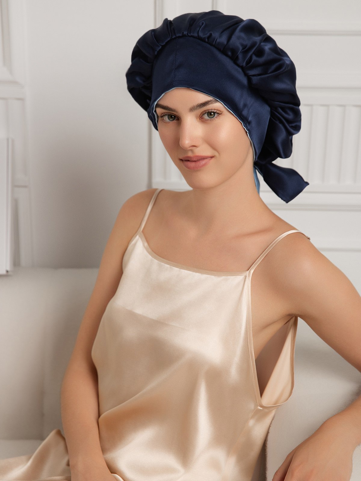 [Dunkelblau] SilkSilky-DE Reine Seide Sleep Cap 003