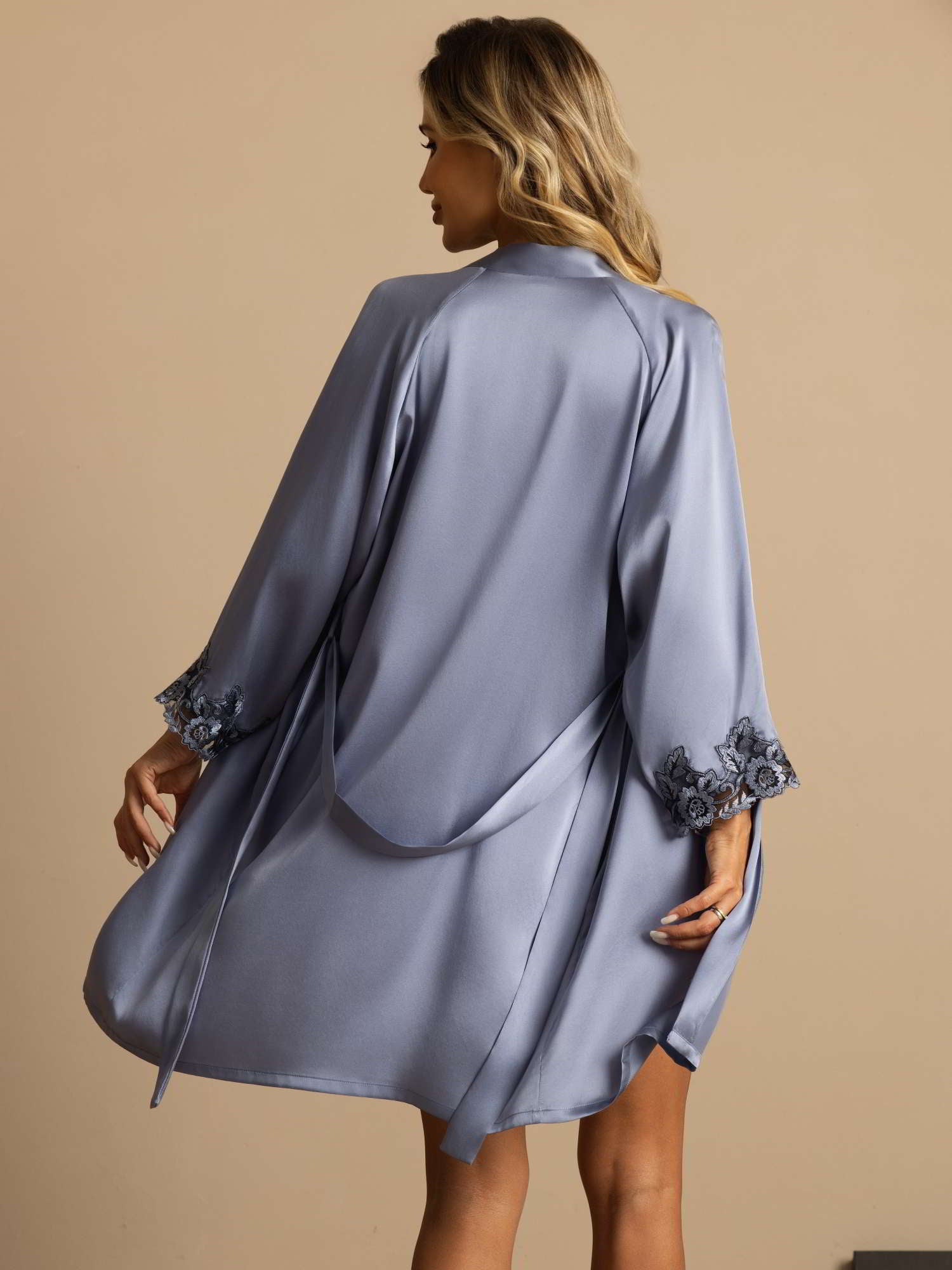 [Stahlblau] SilkSilky-DE Reine Seide 3/4-lange Ärmel V Ausschnitt Damen Pyjamas 002