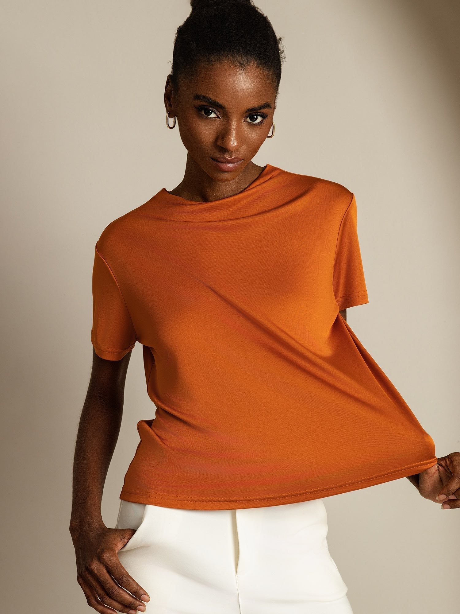 [Orange] SilkSilky-DE Reine Seide Umlegekragen T-Shirt 001