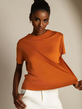 [Orange] SilkSilky-DE 100% Silk Jersey Short Sleeve Mock Neck T-Shirt 001