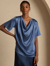 [Echtes Petrol] SilkSilky-DE Short Sleeve Cowl Neck Damenblusen 005
