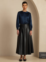 [Dunkelblau] SilkSilky-DE 19Momme Long Sleeve Round Neck Bluse 007