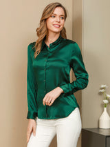 [Dunkelgrün] SilkSilky-DE Long Sleeve Lapel Collar Damenhemd 001