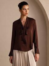 [Dunkle Schokolade] SilkSilky-DE Long Sleeve Tie Neck Damenblusen 001