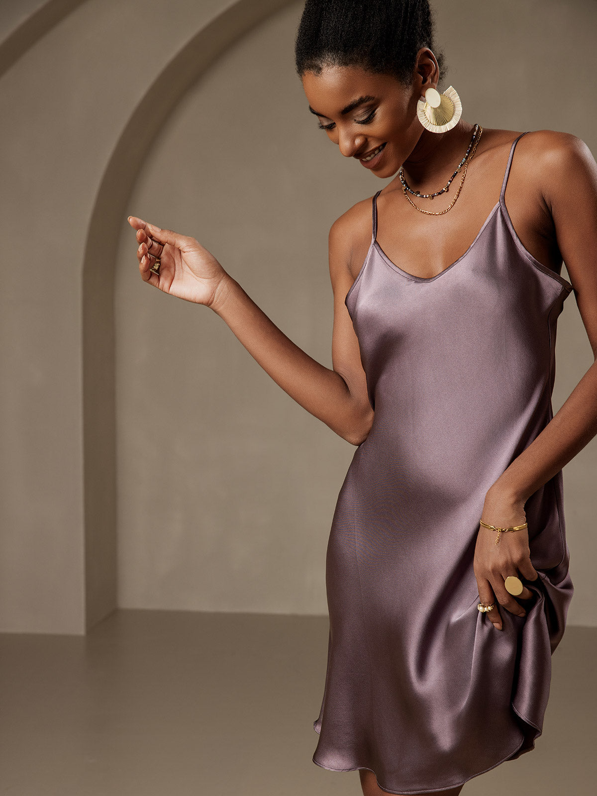 [Lilagrau] SilkSilky-DE Reine Seide V Ausschnitt Kleider 003,