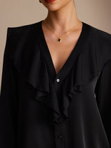 [Schwarz] SilkSilky-DE Long Sleeve Deep V Neck Damenblusen 005