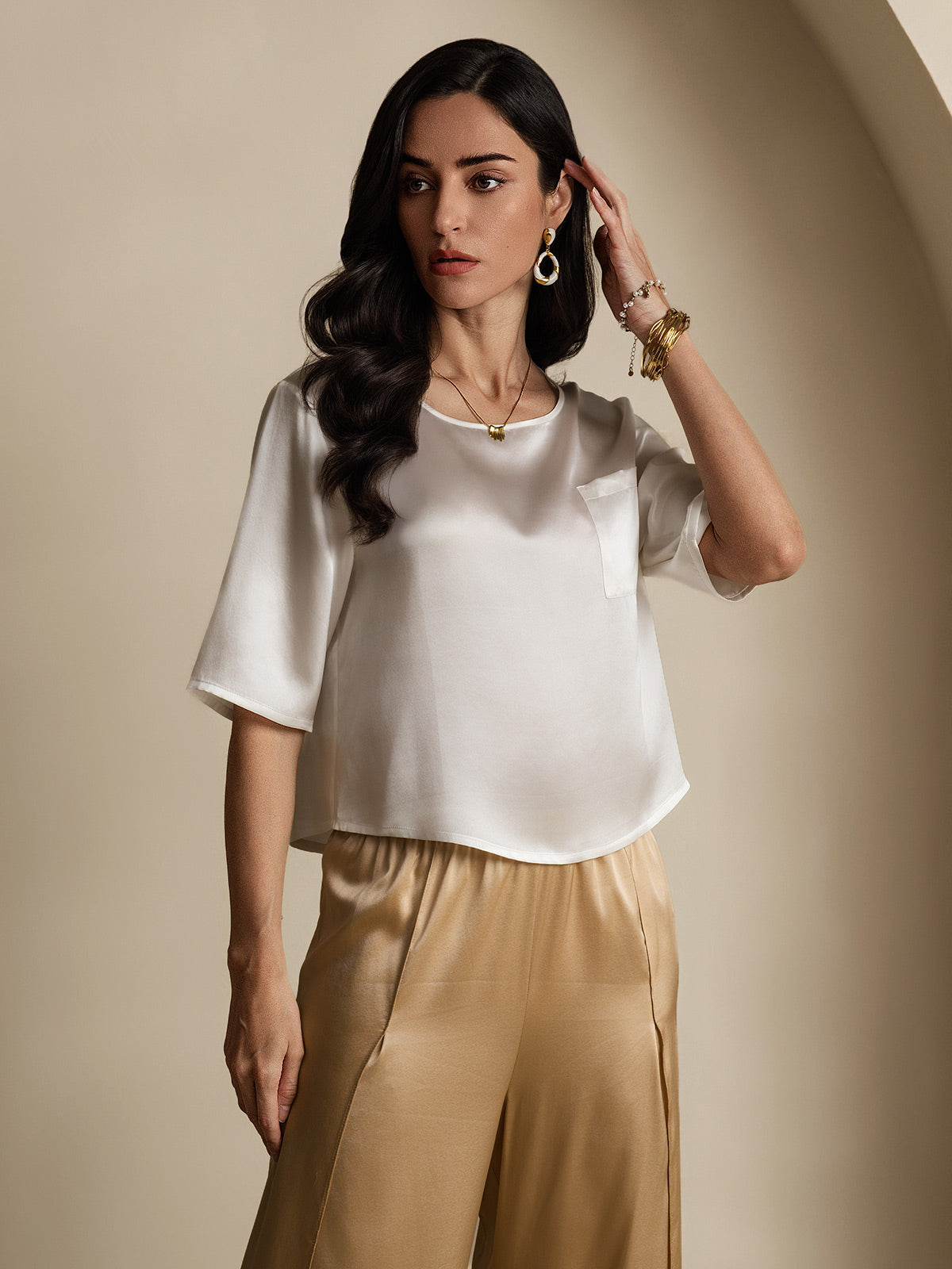 [Weiß] SilkSilky-DE Reine Seide Womens T-Shirt 004