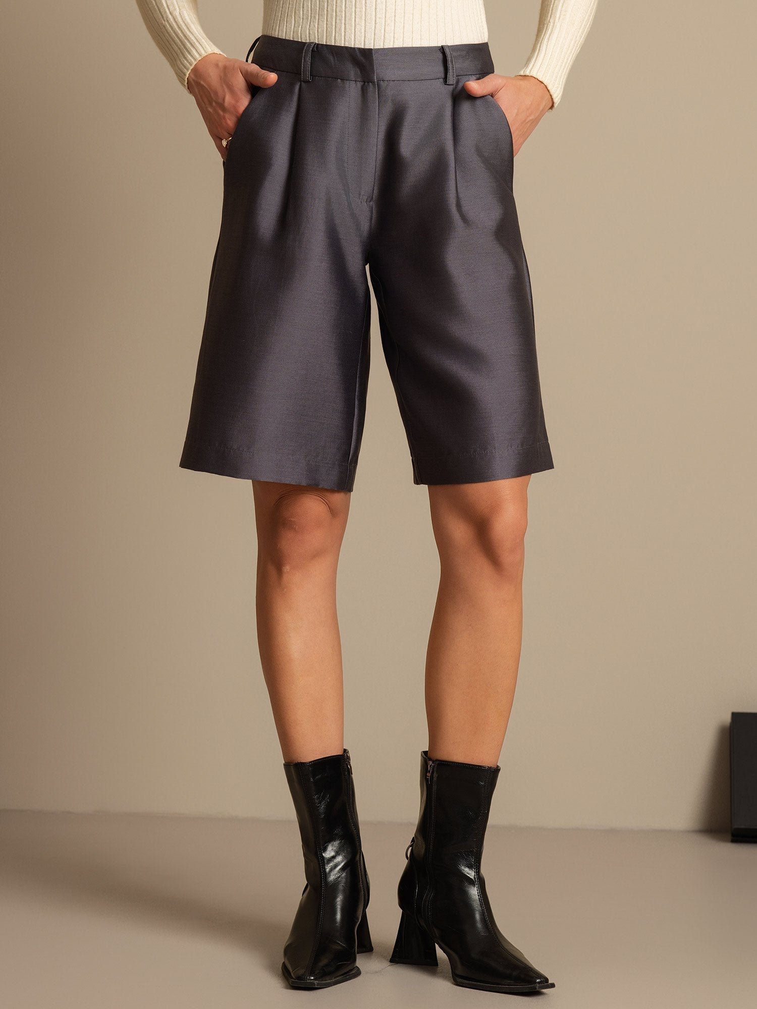 [Grau] SilkSilky-DE 32Momme Silk-Wool Blend Womens Shorts 001,