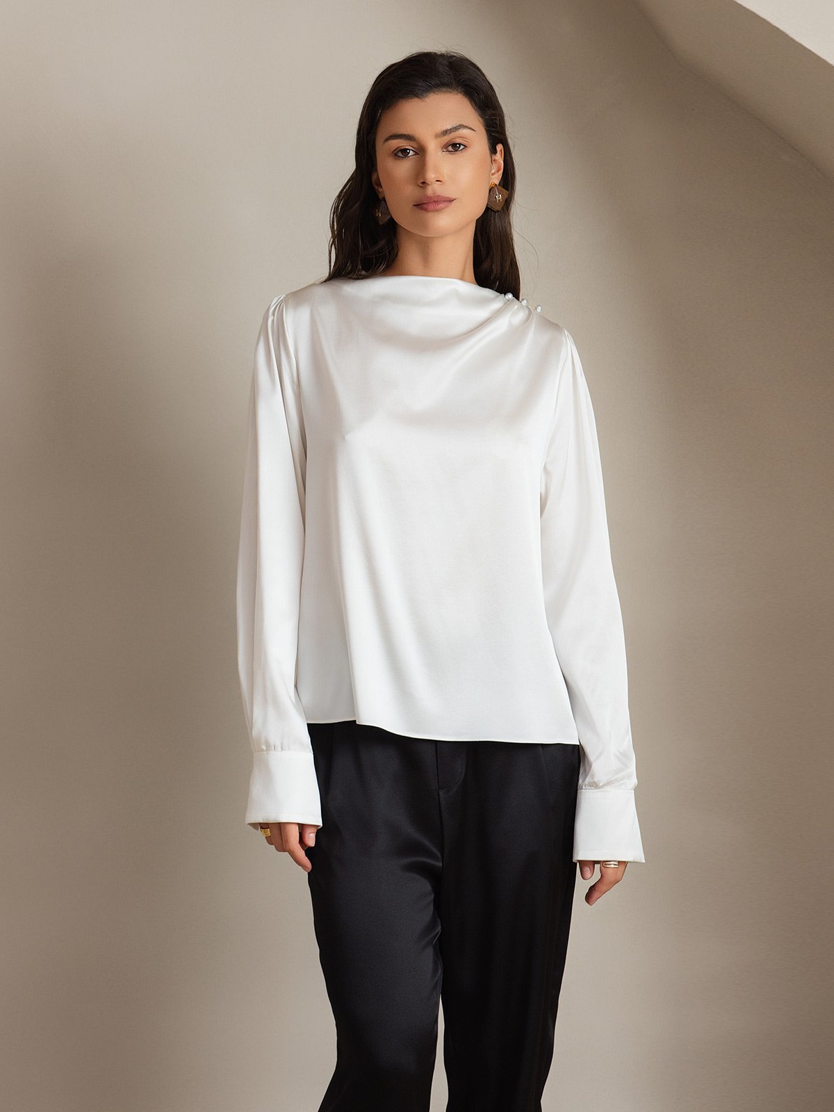 [Weiß] SilkSilky-DE 19Momme Seide Womens Shirt 006