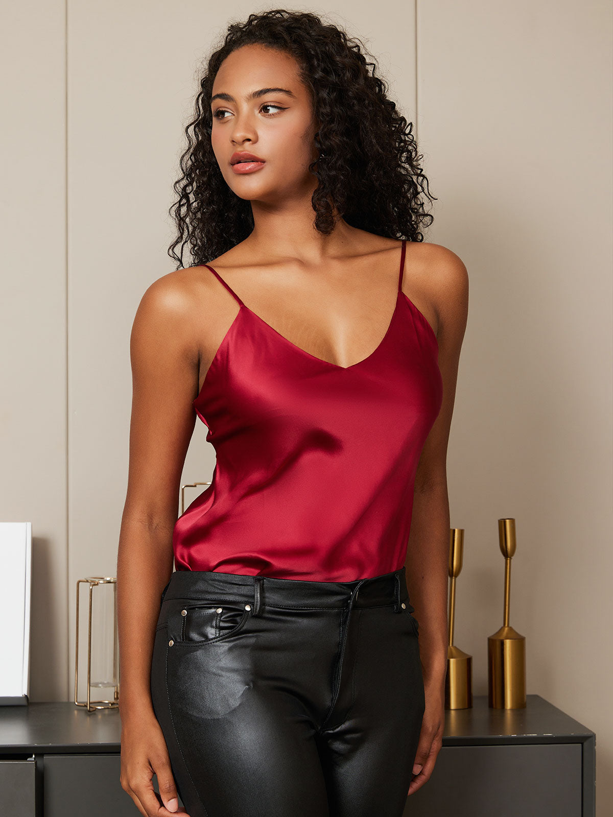 [Dunkelrot] SilkSilky-DE Reine Seide V Ausschnitt Cami Top 002