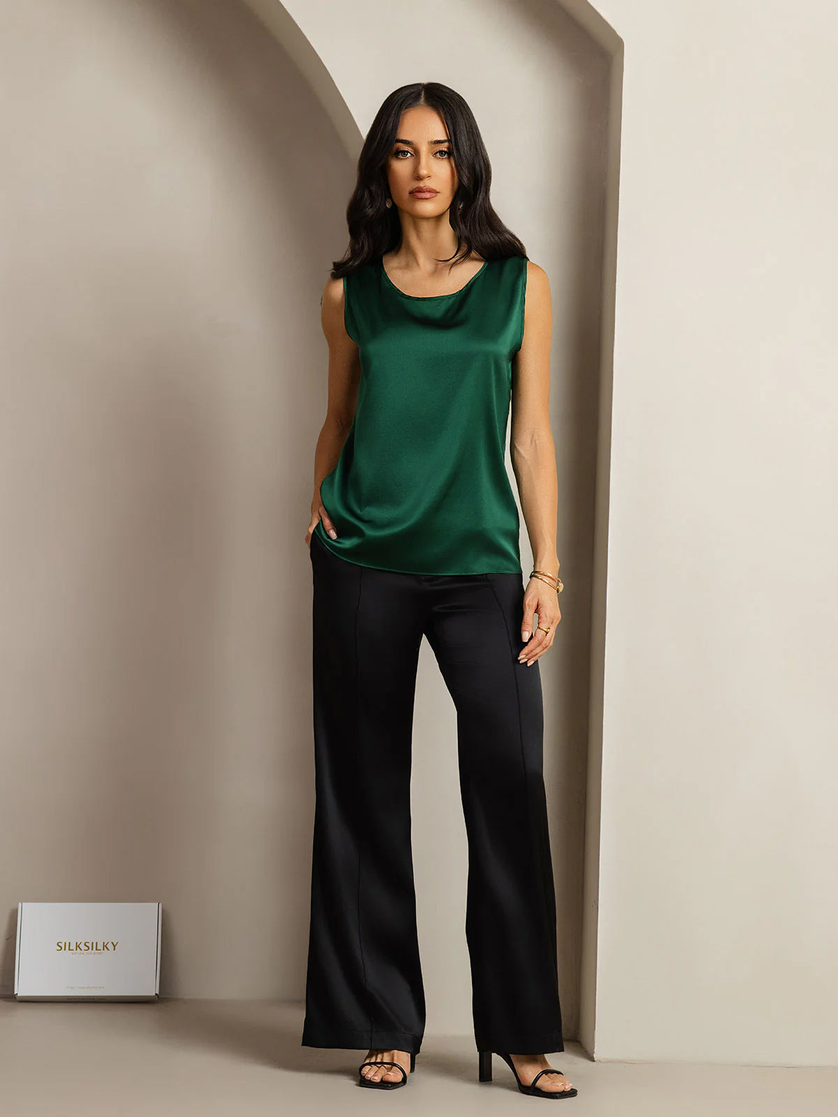 [Dunkelgrün] SilkSilky-DE 19Momme Ärmellos Rundhalsausschnitt Cami Top 008