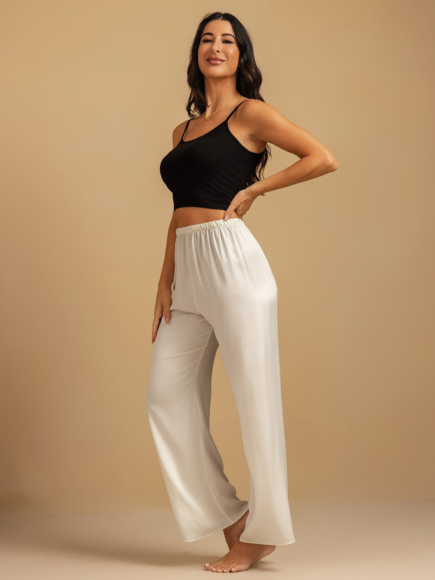 [Weiß] SilkSilky-DE 19Momme Seide Womens Sleep Bottoms 007,