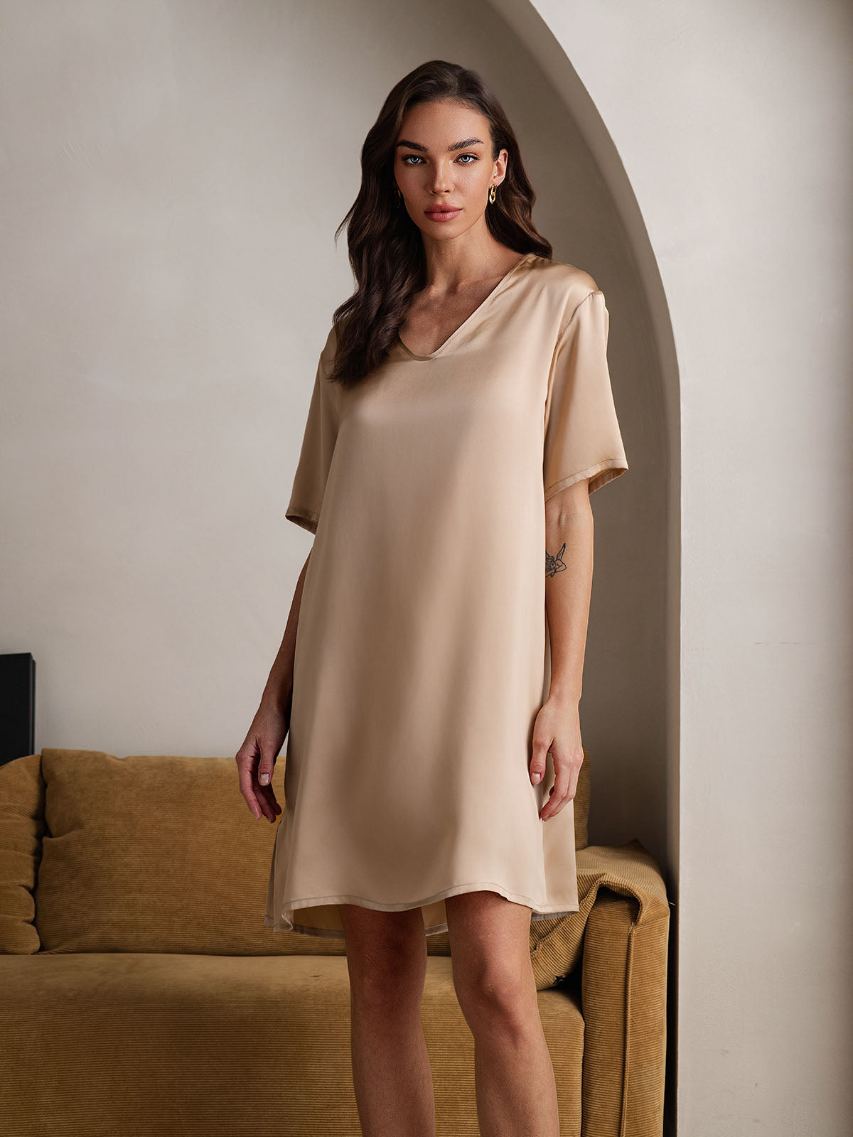[Champagner] SilkSilky-DE Reine Seide V Ausschnitt Nachthemden 006