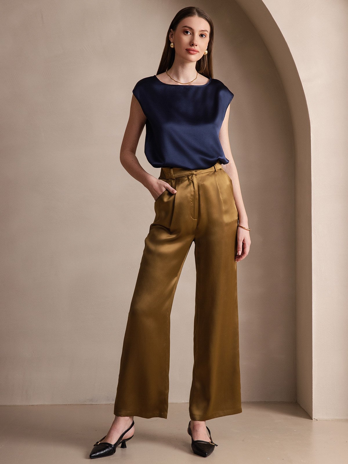 [Dunkelblau] SilkSilky-DE 19Momme Seide Womens T-Shirt 006