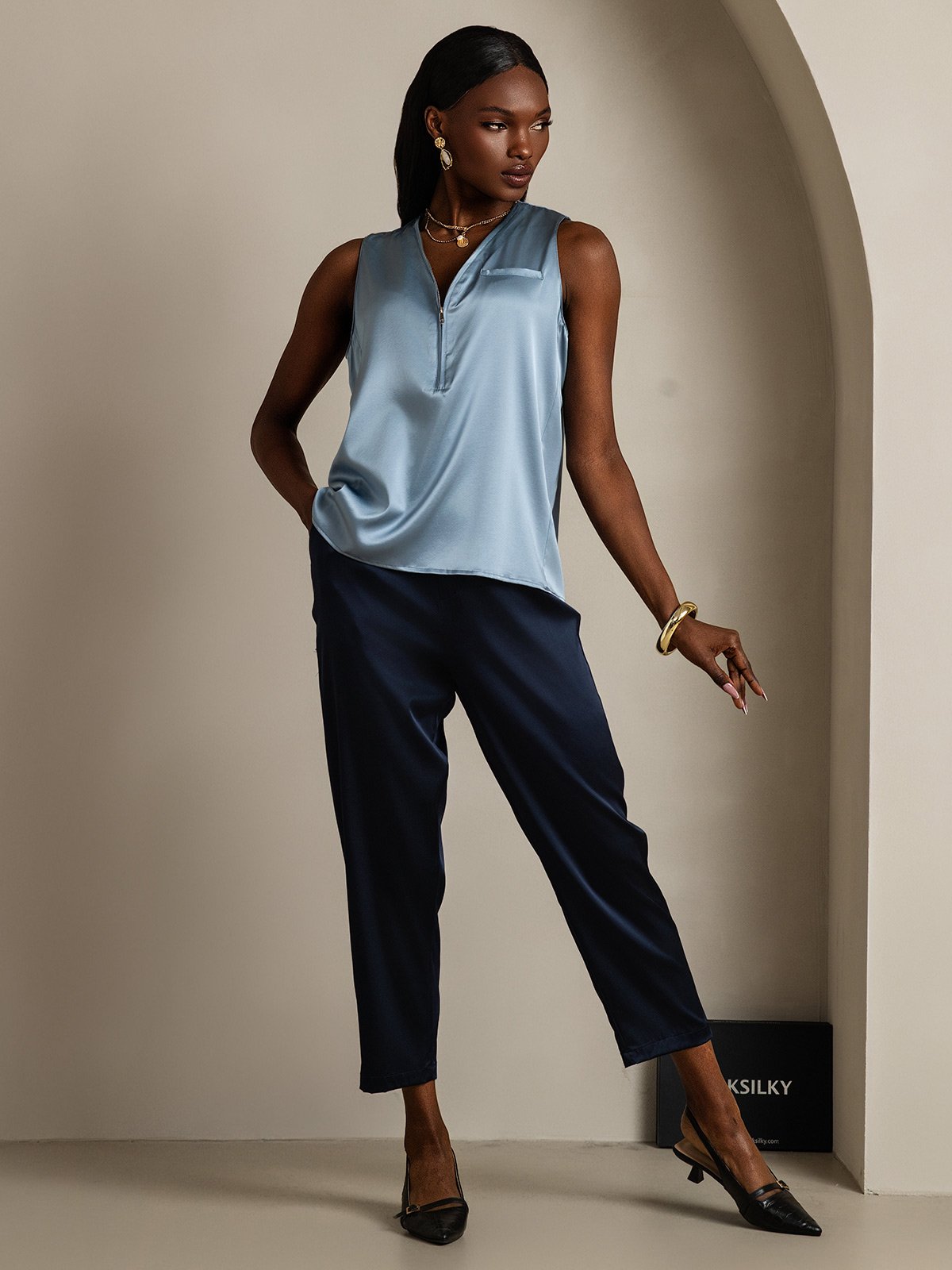 SilkSilky-DE 19Momme Seide Ärmellos V Ausschnitt Damenhemd Graublau 006