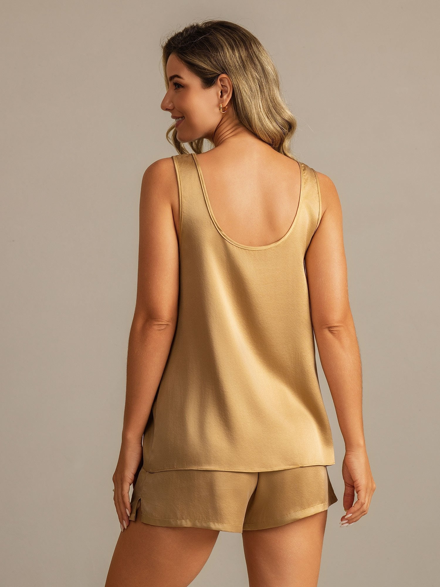 [Tan] SilkSilky-DE 19Momme Seide U Ausschnitt Damen Pyjamas 002