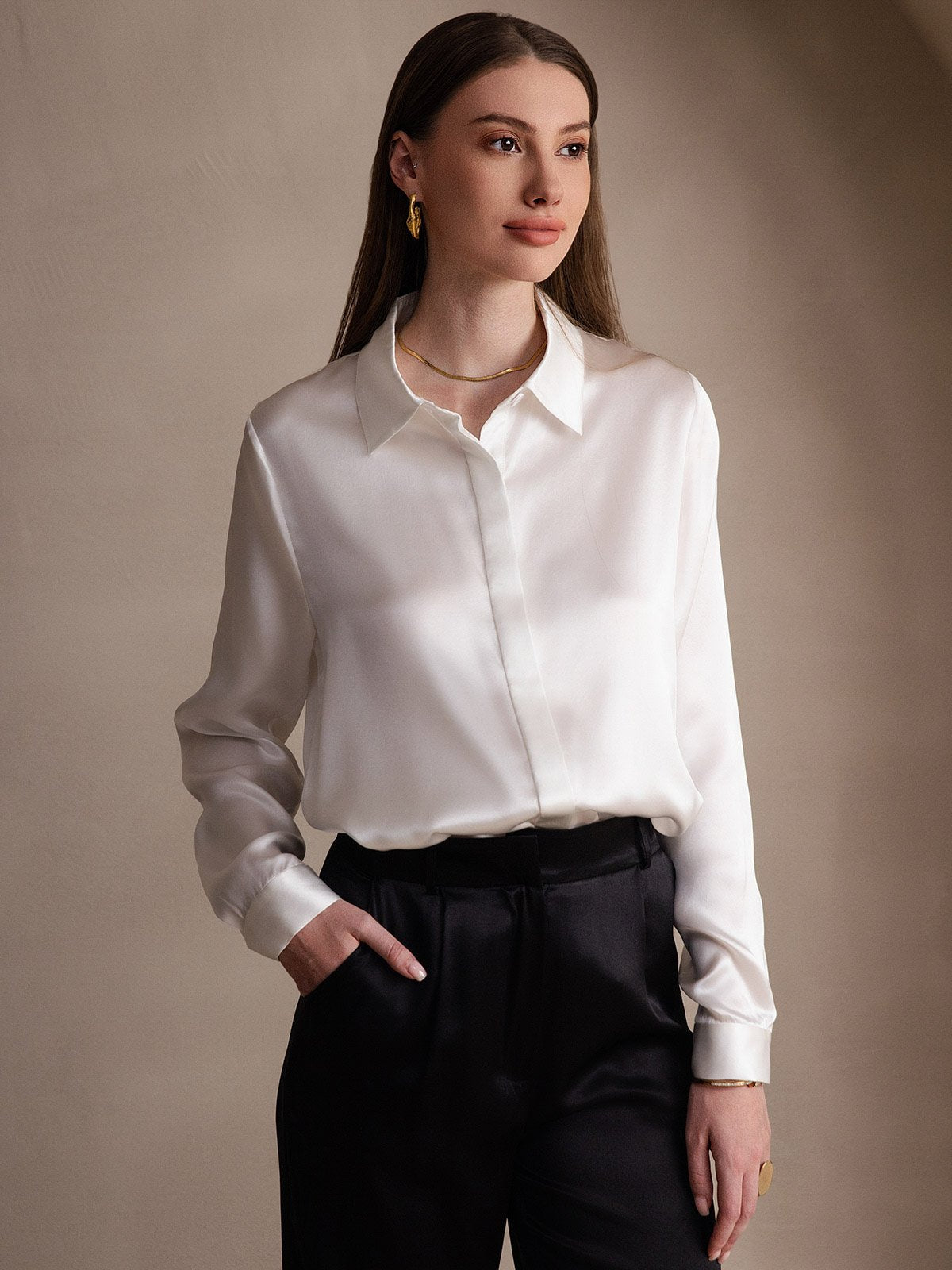 [Weiß] SilkSilky-DE Long Sleeve Lapel Collar Damenhemd 001