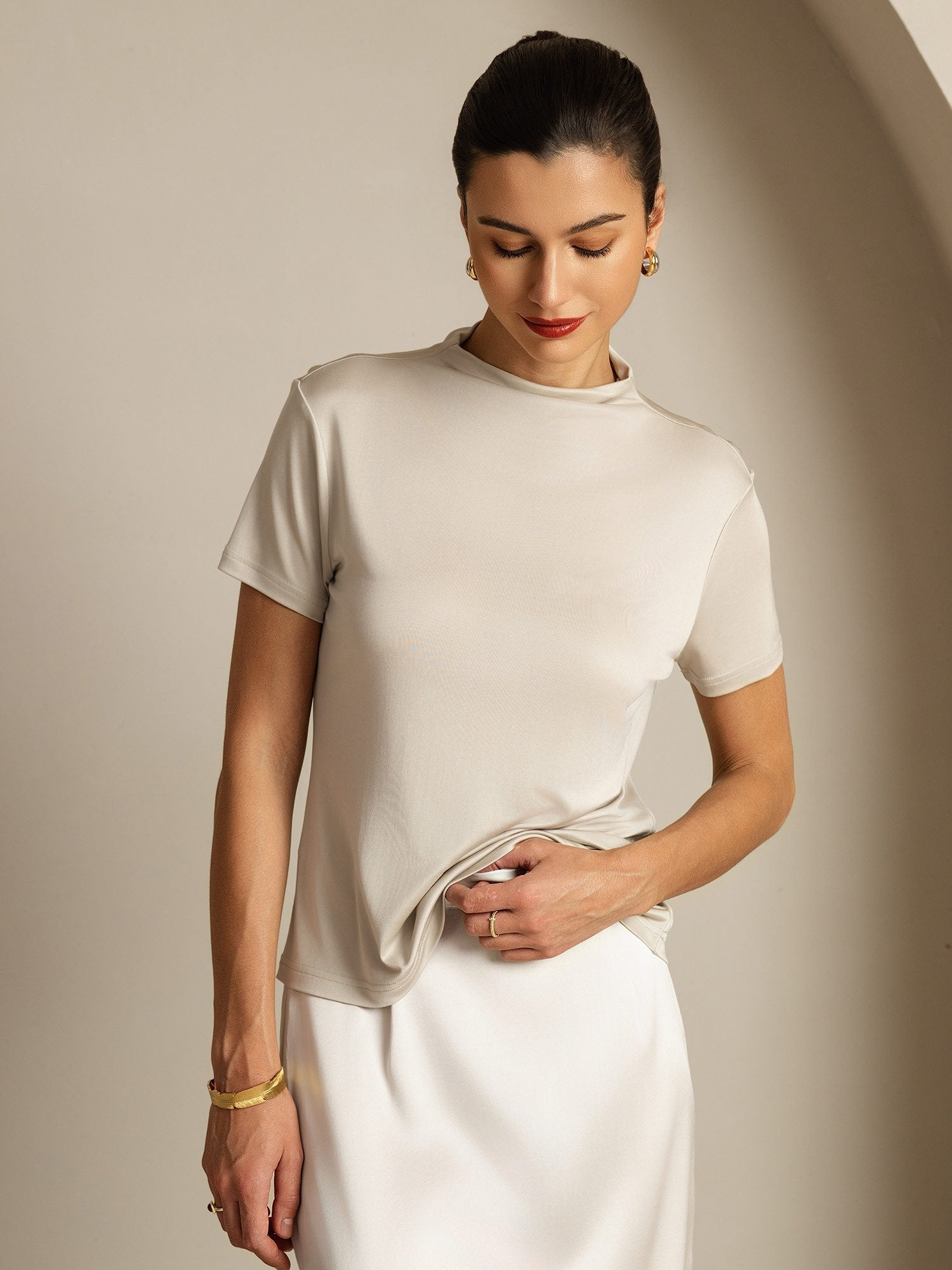 [Grau] SilkSilky-DE Reine Seide Umlegekragen T-Shirt 005