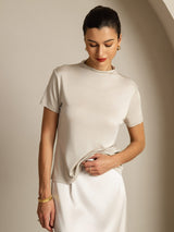[Grau] SilkSilky-DE 100% Silk Jersey Short Sleeve Mock Neck T-Shirt 005