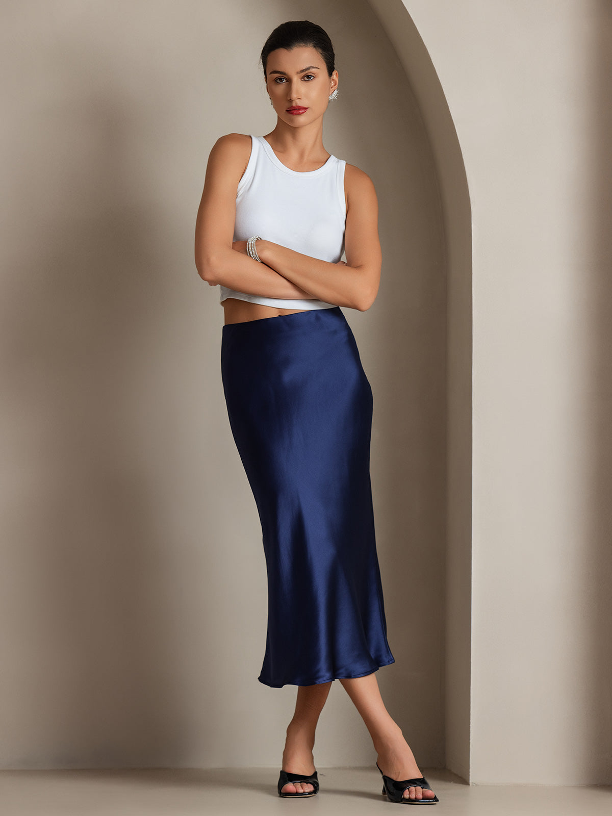 [Dunkelblau] SilkSilky-DE 19Momme Reine Seide Skirt 001