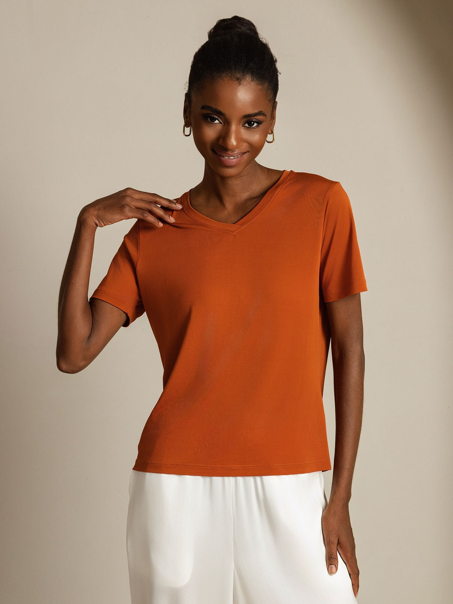 [Orange] SilkSilky-DE Reine Seide V Ausschnitt T-Shirt 008