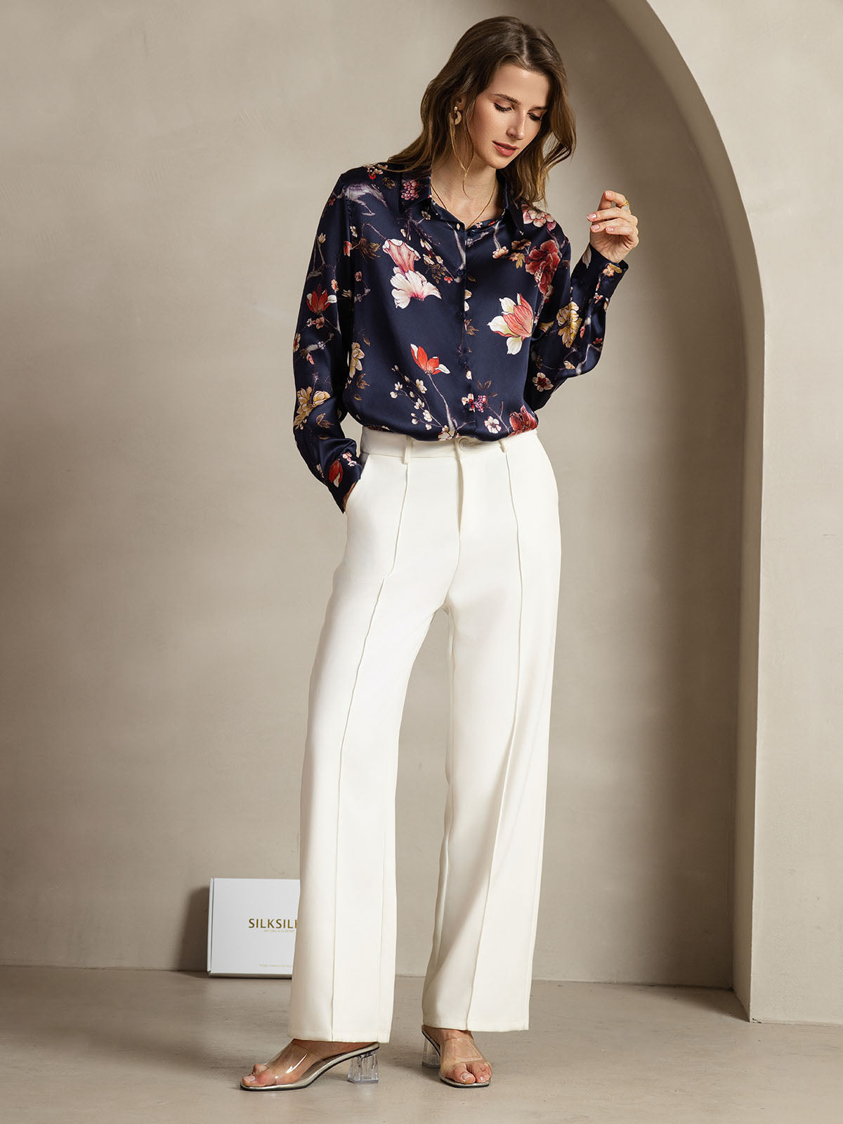 [Marine Blumen] SilkSilky-DE Seide Umlegekragen Damenhemd 006