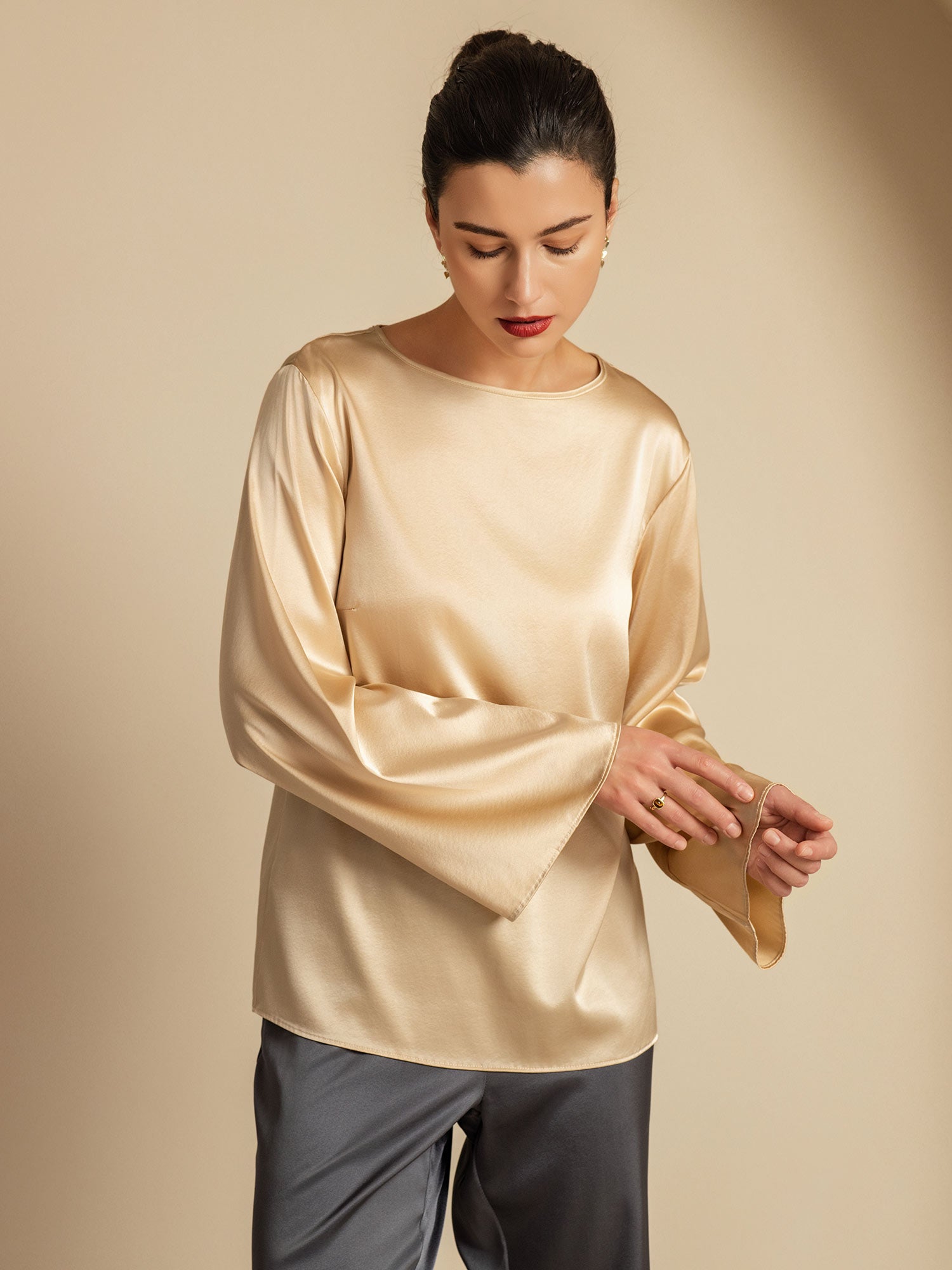 [Champagner] SilkSilky-DE 19Momme Seide Womens T-Shirt 003