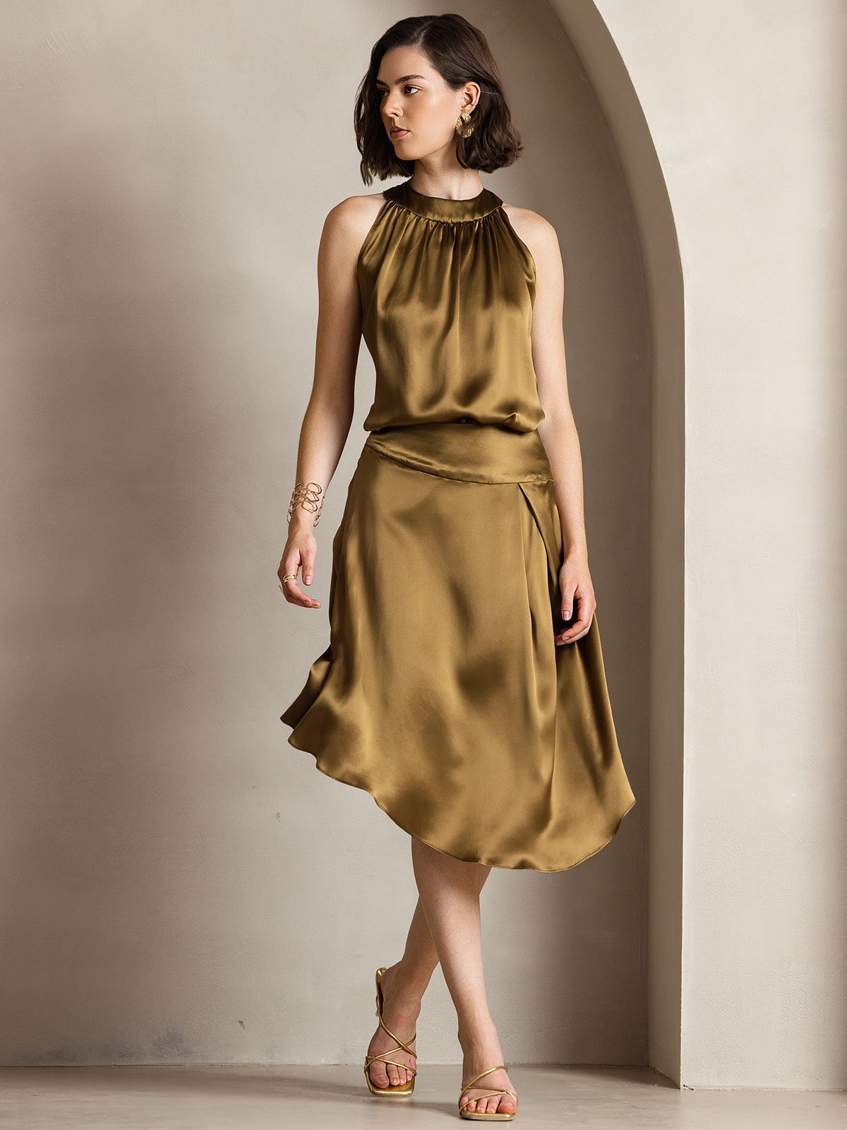 [Braun] SilkSilky-DE 19Momme Ärmellos Neckholder T-Shirt 006