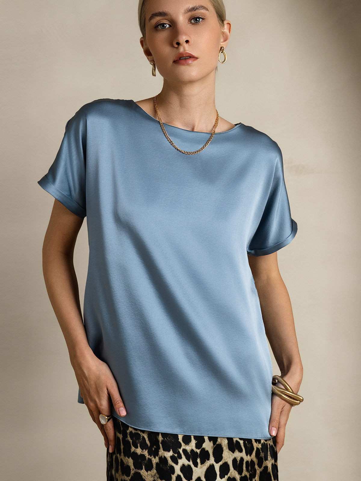 [Graublau] SilkSilky-DE 19Momme Seide Womens T-Shirt 005