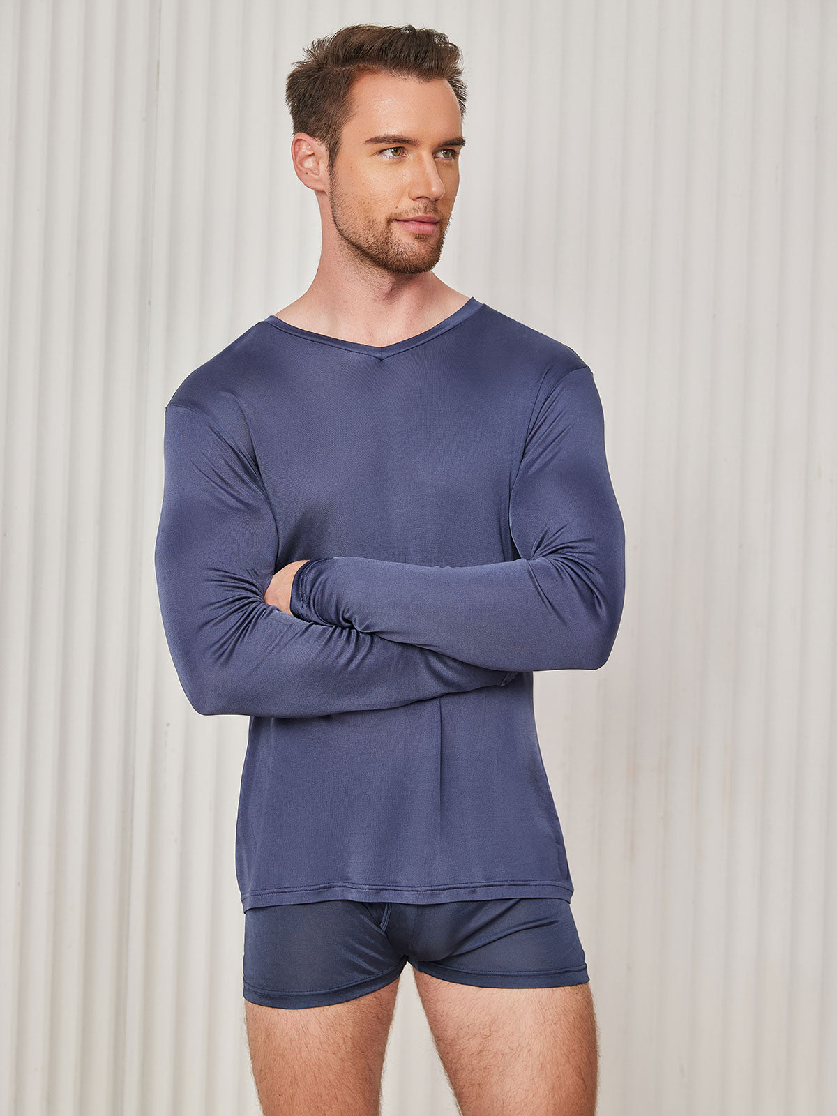 [Dunkelblau] SilkSilky-DE Seidenstrick Langärmelig V Ausschnitt Herren T-Shirt 001