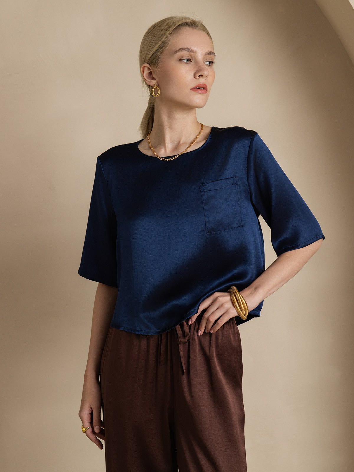 [Dunkelblau] SilkSilky-DE Reine Seide Womens T-Shirt 004