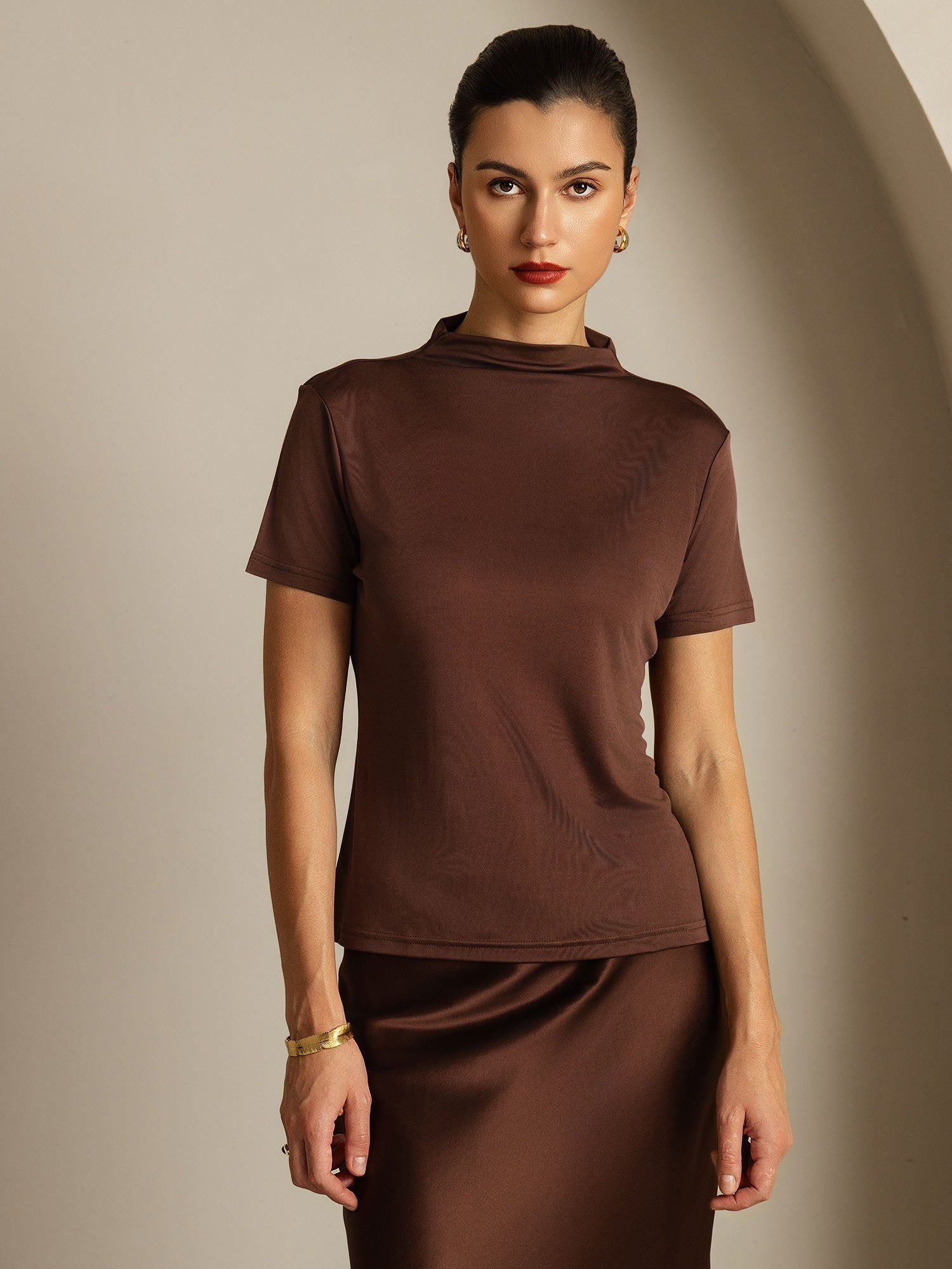 [Kaffee] SilkSilky-DE Reine Seide Umlegekragen T-Shirt 003