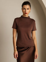 [Kaffee] SilkSilky-DE 100% Silk Jersey Short Sleeve Mock Neck T-Shirt 003