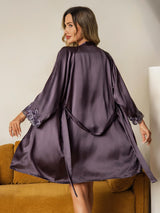[Lilagrau] SilkSilky-DE Reine Seide 3/4-lange Ärmel V Ausschnitt Damen Pyjamas 003