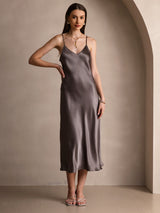 [Dunkelkhaki] SilkSilky-DE Sleeveless V Neck Kleider 003