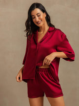 [Rotwein] SilkSilky-DE 19Momme Halblange Ärmel Notch-Kragen Damen Pyjamas 007