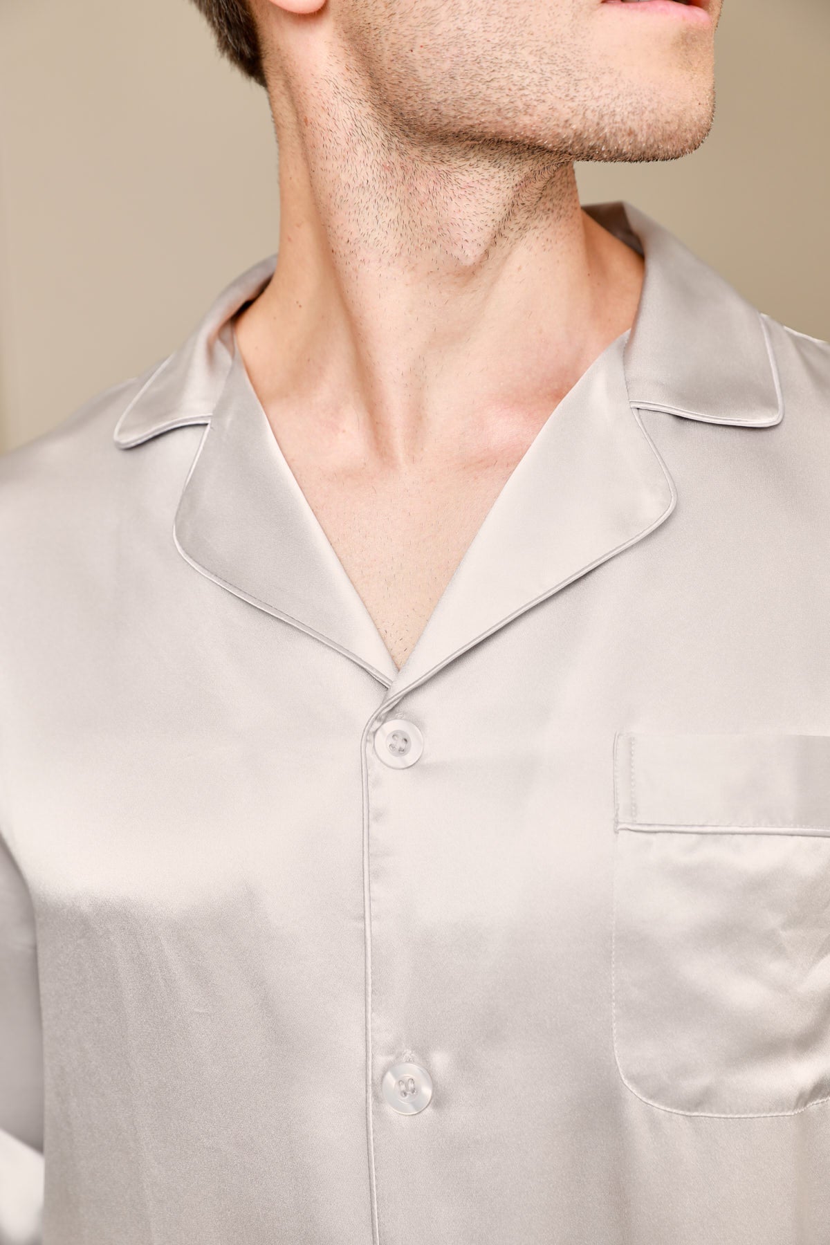 [Grau] SilkSilky-DE 19Momme Reine Seide Mens Pajamas 006