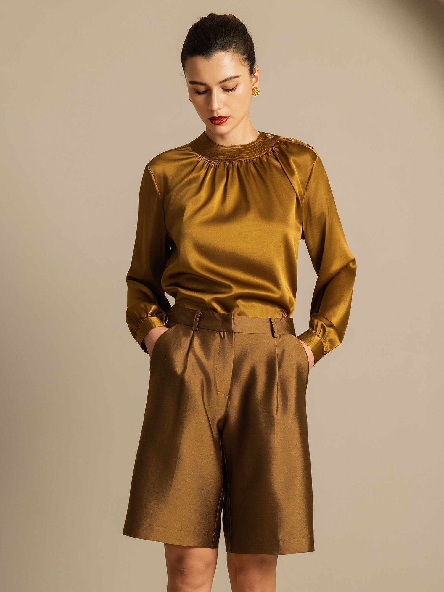 [Bronze] SilkSilky-DE 32Momme Silk-Wool Blend Womens Shorts 005,