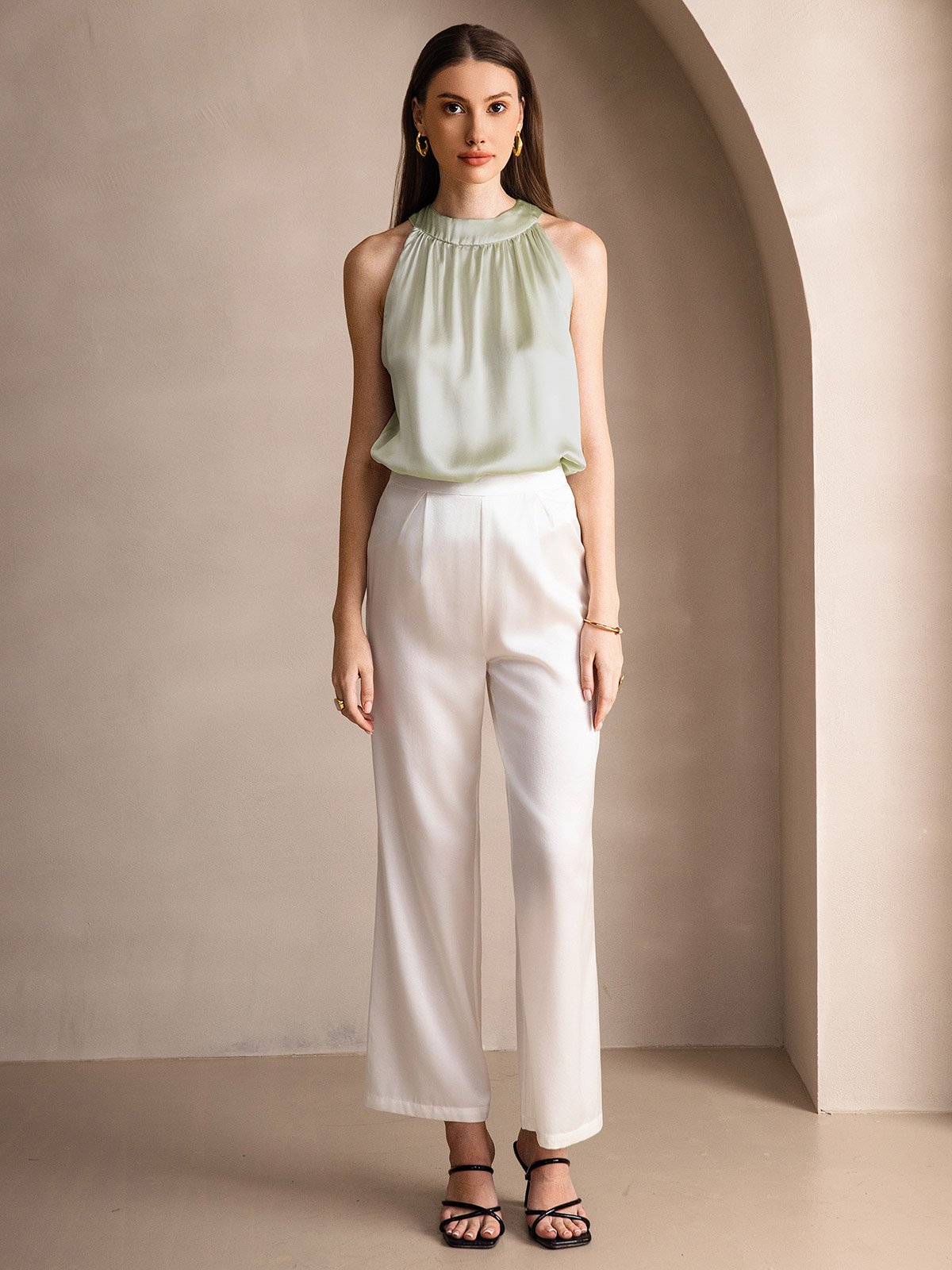 [Hellgrün] SilkSilky-DE 19Momme Ärmellos Neckholder T-Shirt 006