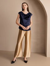 [Dunkelblau] SilkSilky-DE Cap Sleeve Cowl Neck T-Shirt 005