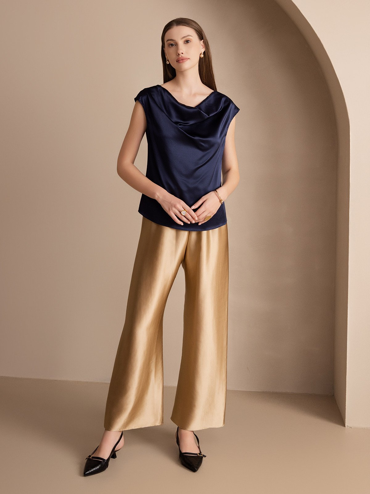 [Dunkelblau] SilkSilky-DE 19Momme Seide Ärmellos Wasserfallausschnitt T-Shirt 005